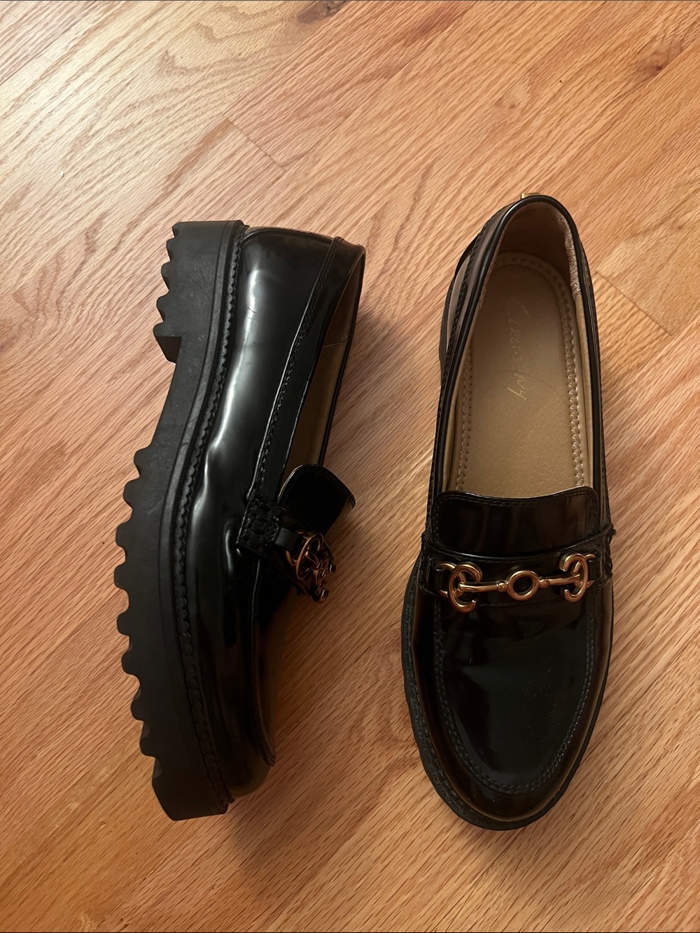 Circus by Sam Edelman Black Patent Lug Sole Loafers with Gold Horsebit - Picture 2 of 6